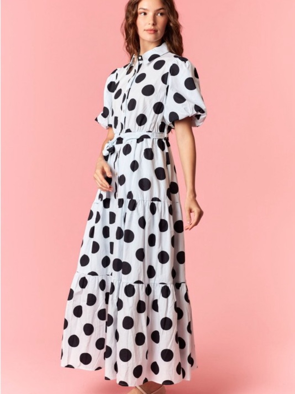 NWT WHITE BLACK POLKA Dot Printed Cotton Poplin Puff Sleeve Maxi Dress - Picture 5 of 9
